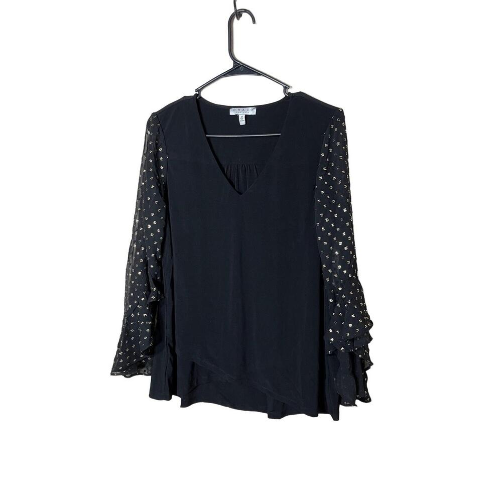 NWT CHAUS Blouse Womens Size M Black Gold V Neck Ruffle‎ Elegant